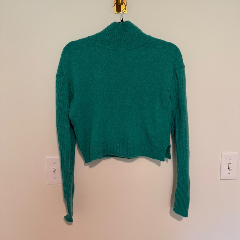 Free People Aubrey Cashmere Crop Turtleneck Sweater Teal‎ Green Ribbed Sleeve XS